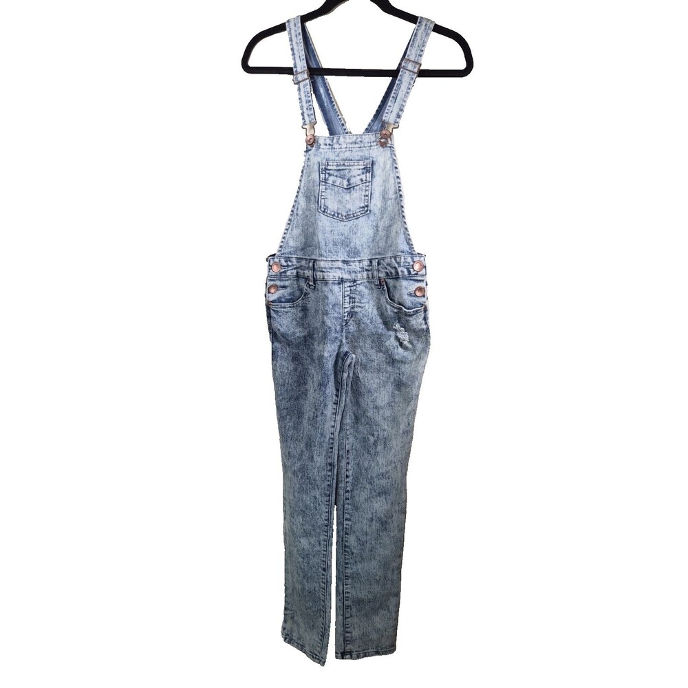 Justice Girls Size 12 Acid Wash Denim Distressed Overalls NWT Blue Pockets